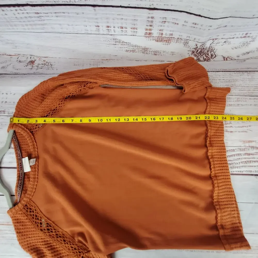 Knox Rose Lace Waffle Knit Thermal Top M Burnt Orange Sweater Earthy Neutral NWT